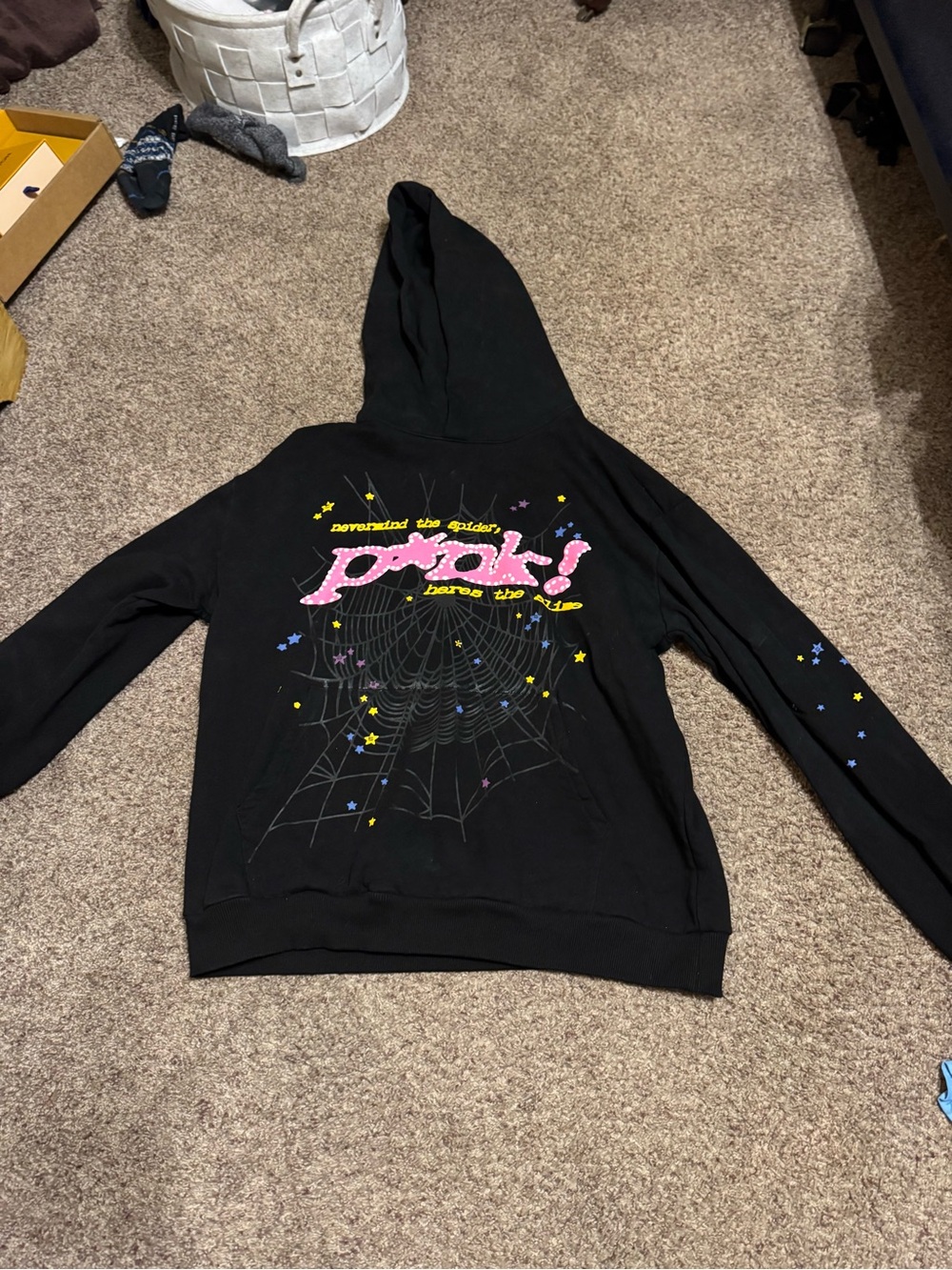 Black Graphic Pullover Hoodie with Pink 'pook!' Text and Star Accents